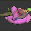 Man relaxing on pink flamingo inflatable float wearing sunglasses holding ice cream cone