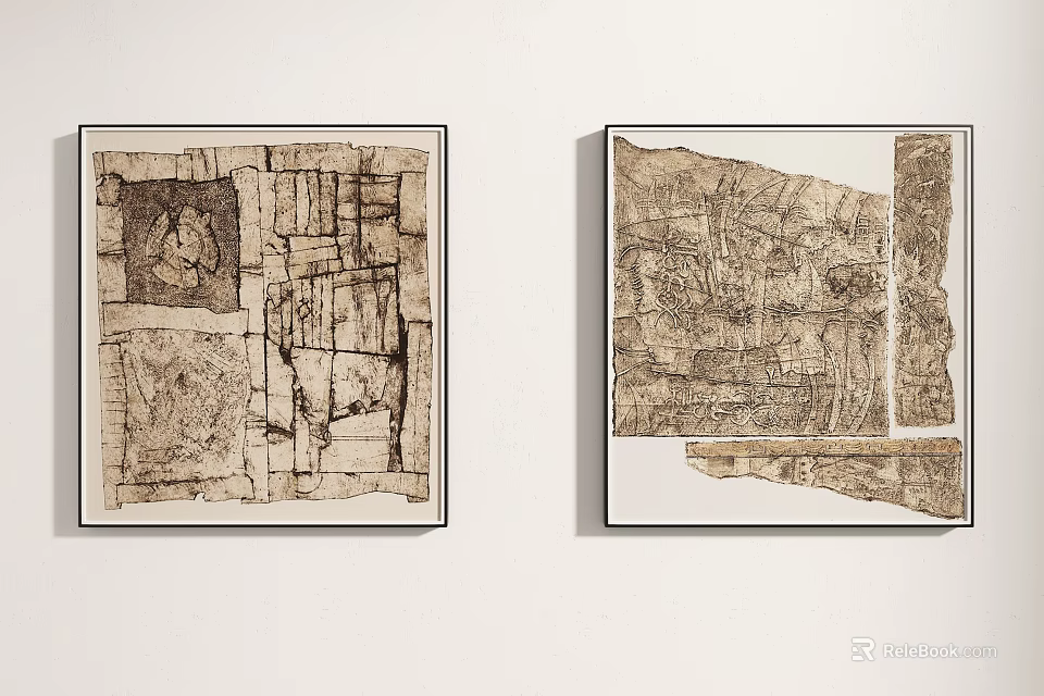 Two Abstract Textured Paintings Framed Hanging On White Wall With Geometric Patterns 3d model