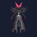 Woman Character With Red Horns Black Feathers And White Ornate Outfit Design