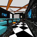 KTV Interior With Turquoise Sofas Black And White Checkered Floor And Orange Stools 3d model