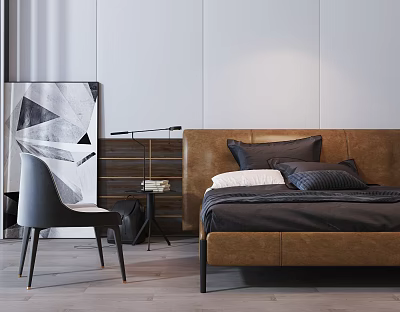 Modern Bedroom Background Double Bed With Brown Leather Headboard Pillows Nightstand Lamp And Gray Chair 3d model