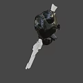 Sci Fi Warrior In Black Armor With Red Accents Standing In Profile And Back Weapon