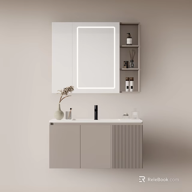 Modern Bathroom Vanity With Illuminated Mirror Storage Shelves Vase And White Countertop 3d model 