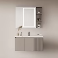 Modern Bathroom Vanity With Illuminated Mirror Storage Shelves Vase And White Countertop