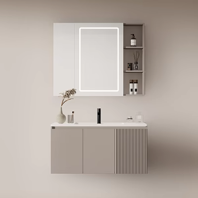 Modern Bathroom Vanity With Illuminated Mirror Storage Shelves Vase And White Countertop 3d model