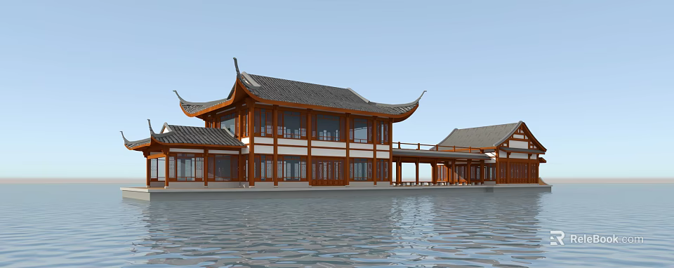 Traditional Chinese Ancient Architecture with Curved Eaves Wooden Windows and Structure by Water 3d model 