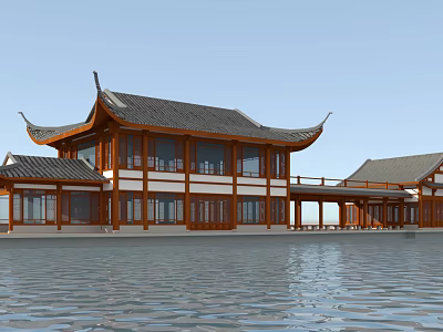 Traditional Chinese Ancient Architecture with Curved Eaves Wooden Windows and Structure by Water 3d model