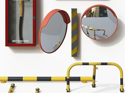 Essential Road Facilities With Convex Mirrors Warning Posts And Safety Railings 3d model