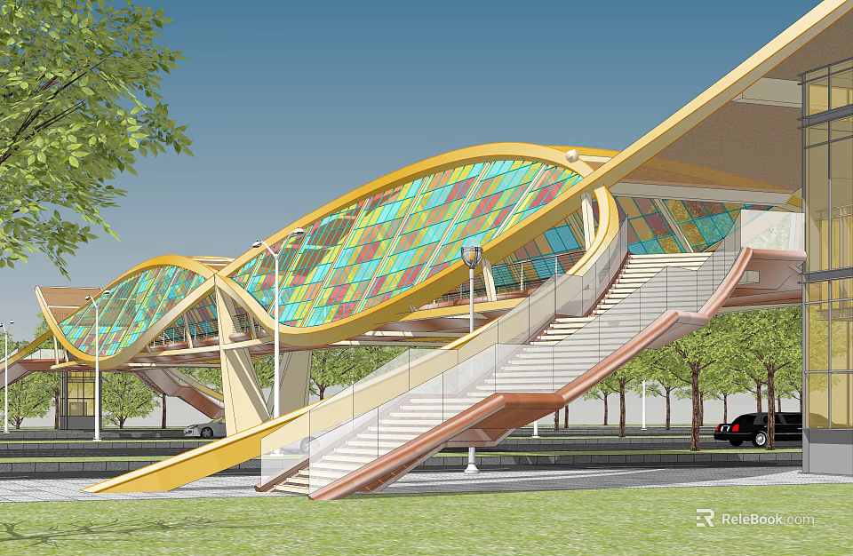 Colorful Glass Roof Curved Pedestrian Overpass With Staircase Trees And Vehicles 3d model 