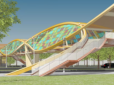 Colorful Glass Roof Curved Pedestrian Overpass With Staircase Trees And Vehicles 3d model