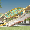Colorful Glass Roof Curved Pedestrian Overpass With Staircase Trees And Vehicles