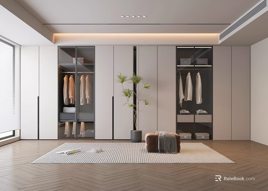 Modern Wardrobe Interior Design With Glass Doors Hanging Clothes And Potted Plant 3d model 