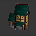 Charming Small Building Featuring Green Roof Yellow Walls Red Door Wooden Structure And Small Awning
