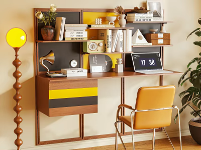 Modern Bookshelf with Books Decorative Items Laptop Clock and Yellow Chair in Cozy Study 3d model