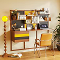 Modern Bookshelf with Books Decorative Items Laptop Clock and Yellow Chair in Cozy Study