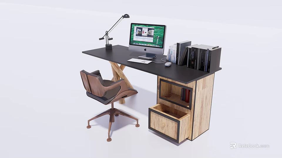 Modern Office Desk with Desk Lamp Computer Monitor Books Ergonomic Chair and Wooden Frame 3d model 