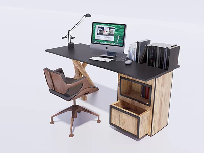 Modern Office Desk with Desk Lamp Computer Monitor Books Ergonomic Chair and Wooden Frame 3d model