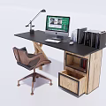 Modern Office Desk with Desk Lamp Computer Monitor Books Ergonomic Chair and Wooden Frame