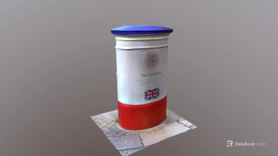 Traditional Postbox With Blue Lid White Body Red Base On Stone Pavement 3d model 