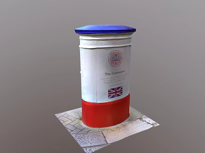 Traditional Postbox With Blue Lid White Body Red Base On Stone Pavement 3d model