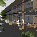 Modern Commercial Street With Retail Spaces Outdoor Seating Palm Trees Greenery And Pedestrian Walkways