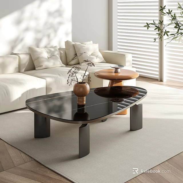 Stylish Coffee Table in Modern Living Room with Black Top and Decorative Dried Plant Vase 3d model 
