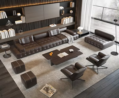 Modern Living Room Interior With Leather Sofa Coffee Table Set Armchairs And Ottoman 3d model