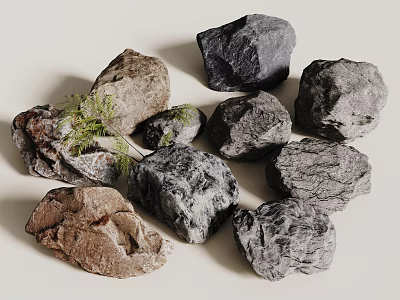 Natural Stones and Wood Decorative Elements with Green Foliage Accents 3d model