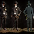 Man In Vintage Western Outfit With Top Hat Gun Holster And Three Angles View
