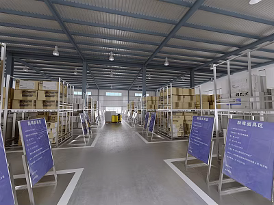 Warehouse Interior With Shelves Cardboard Boxes Blue Signs And Wide Aisle 3d model