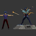 Two Blue Haired Characters In Action Poses With Purple Top Red Pants And Statue Base