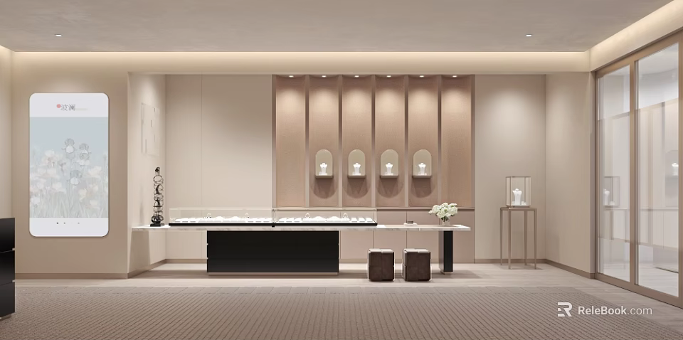 Elegant Jewelry Store Interior Design With Marble Counter Glass Display Cases And Soft Lighting 3d model 