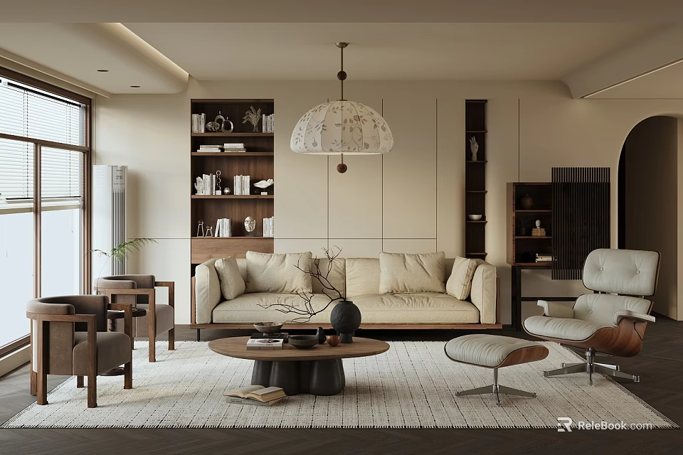 Modern Living Room Interior With Beige Sofa Wooden Coffee Table Pendant Lamp Bookshelves And Armchair 3d model 