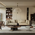 Modern Living Room Interior With Beige Sofa Wooden Coffee Table Pendant Lamp Bookshelves And Armchair