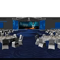 Elegant Banquet Hall With Starry Ceiling Stage Blue Lighting Round Tables And Chair Covers
