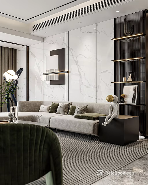 Modern Gray Sofa With Cushions And Black Coffee Table In Living Room With Marble Wall 3d model 