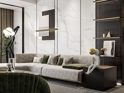 Modern Gray Sofa With Cushions And Black Coffee Table In Living Room With Marble Wall 3d model