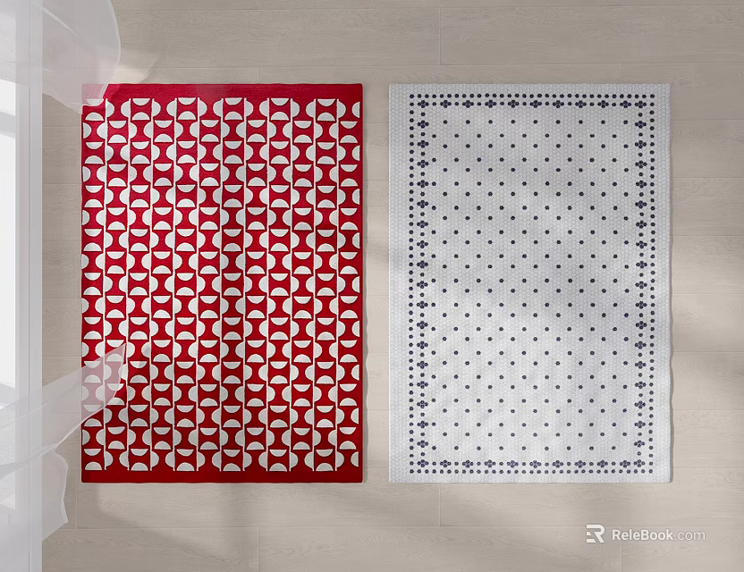 Square Rugs With Red White Geometric Patterns And Blue Polka Dot Designs 3d model