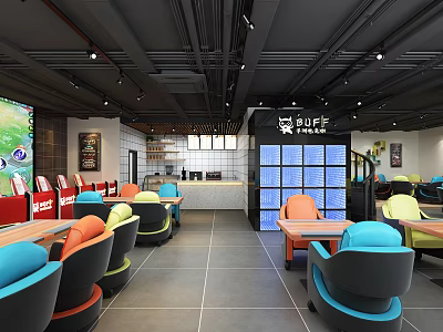 Modern Cybercafe Interior Design With Colorful Chairs Wooden Tables Counter And Computer Screens 3d model