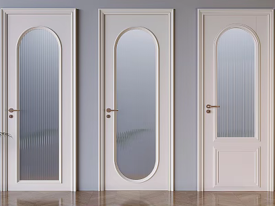 White Swing Doors Featuring Arched Ribbed Glass Solid Panel Wooden Frames and Metal Handles 3d model