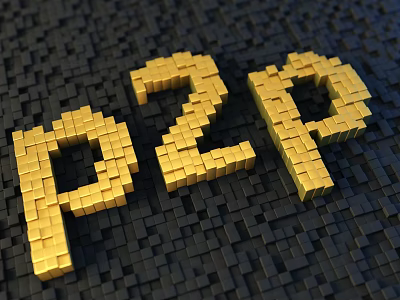 Dark Square Background Wall Featuring Golden P2P Letters Made Of Cubes 3d model
