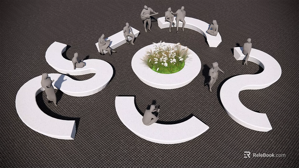 Curved Landscape Seats Around Central Flower Bed With Green Plants And White Flowers 3d model 