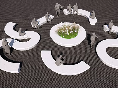 Curved Landscape Seats Around Central Flower Bed With Green Plants And White Flowers 3d model