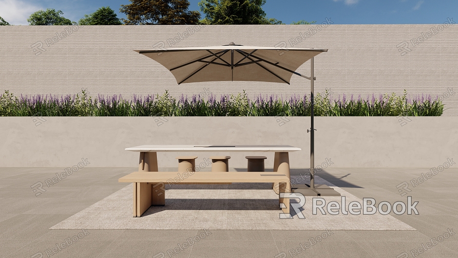 Modern Outdoor Table and Chair Outdoor Tea Table and Chair Dining Table and Chair Rock Board Table and Chair Courtyard Garden Table and Chair Parasol Green Planting Flower Box model