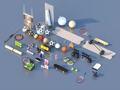 Sports Equipment Collection Including Balls Rackets Dumbbells Skateboard Yoga Mat and Dartboard 3d model