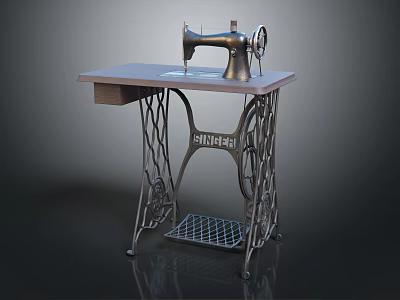 Vintage Sewing Machine With Metal Stand And Wooden Tabletop Classic Design 3d model