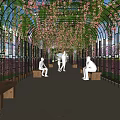 Scenic Pergola With Green Vines Red Flowers Benches Stone Pathway And People Walking