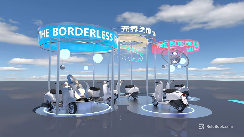Borderless Art Installation Featuring Curved Blue Pink Structures White Scooters And Circular Lights 3d model 