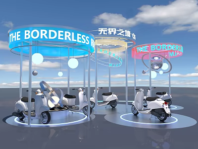 Borderless Art Installation Featuring Curved Blue Pink Structures White Scooters And Circular Lights 3d model