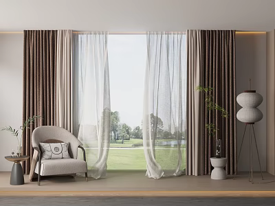 Elegant Modern Sheer Curtains With Linen Drapes In Living Room Window View 3d model